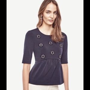 Ann Taylor Women's Beaded Jewel Peplum Blouse Navy Blue